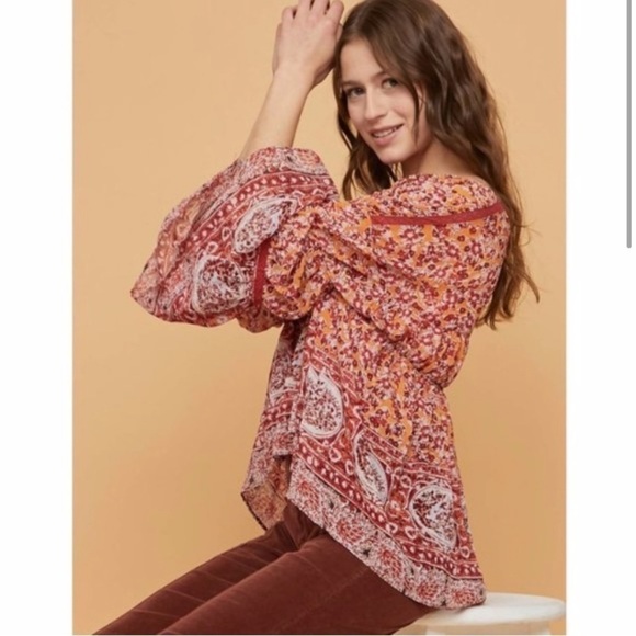 Free People Tiered Kimono Tie Front Orange Red Pattern Flowy Lightweight Blouse - Picture 4 of 14